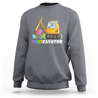 Charcoal gray sweatshirt with Eggscavator excavator bunny graphic on chest