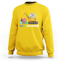 Daisy yellow sweatshirt with colorful Eggscavator excavator bunny graphic on chest