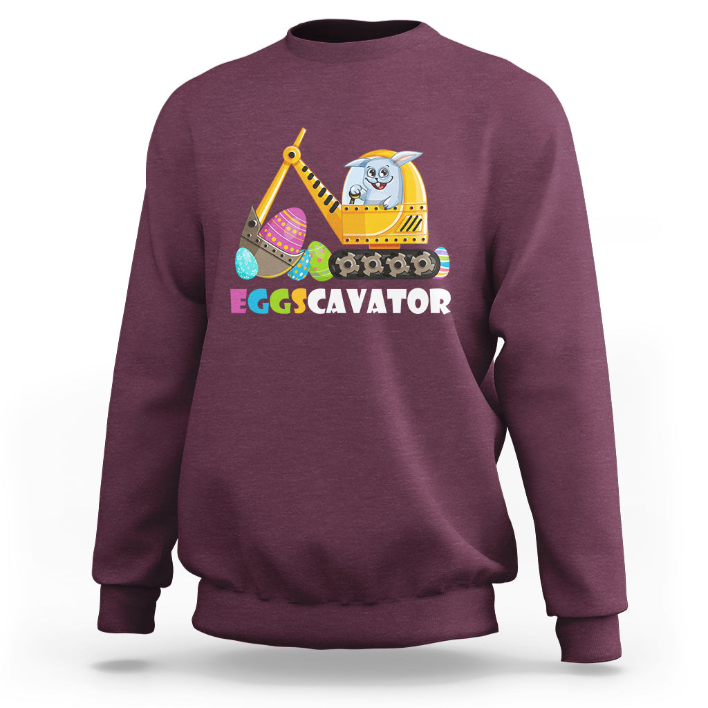 Maroon sweatshirt with Eggscavator excavator bunny graphic on chest