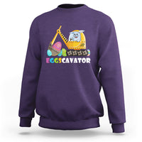Purple sweatshirt with Eggscavator excavator bunny graphic on chest