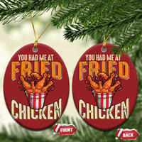 Red round Christmas ornament with 'You Had Me At Fried Chicken' and chicken bucket graphic, front/back