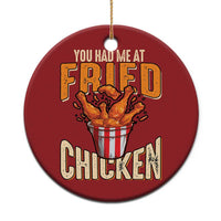 Red round Christmas ornament with 'You Had Me At Fried Chicken' and chicken bucket graphic
