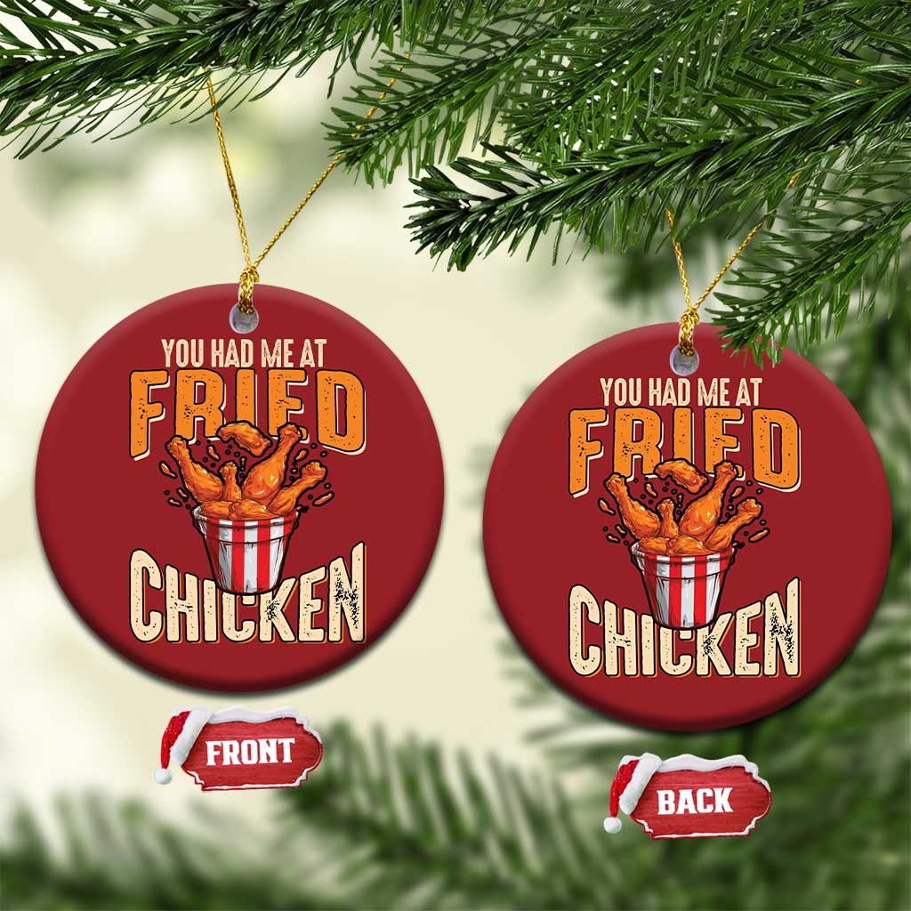 Red round ornament set with 'You Had Me At Fried Chicken' chicken bucket design, front/back