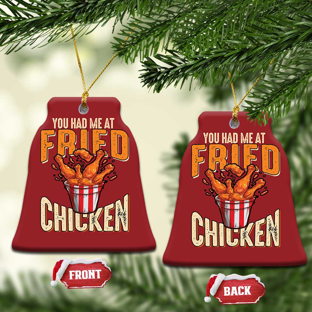 Red bell-shaped Christmas ornament with 'You Had Me At Fried Chicken' and chicken bucket graphic