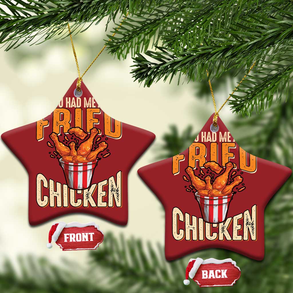 Red star-shaped Christmas ornament with 'You Had Me At Fried Chicken' and chicken bucket graphic