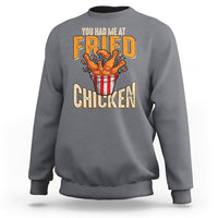 Dark heather gray sweatshirt with fried chicken bowl graphic and “FRIED CHICKEN” text on front