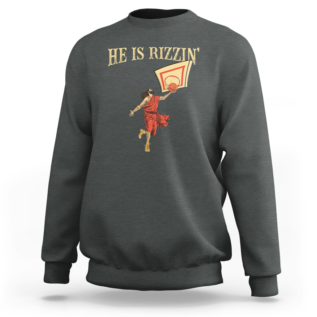 Dark heather gray crewneck sweatshirt with HE IS RIZMIN' text and basketball player graphic