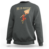 Dark heather gray crewneck sweatshirt with HE IS RIZMIN' text and basketball player graphic