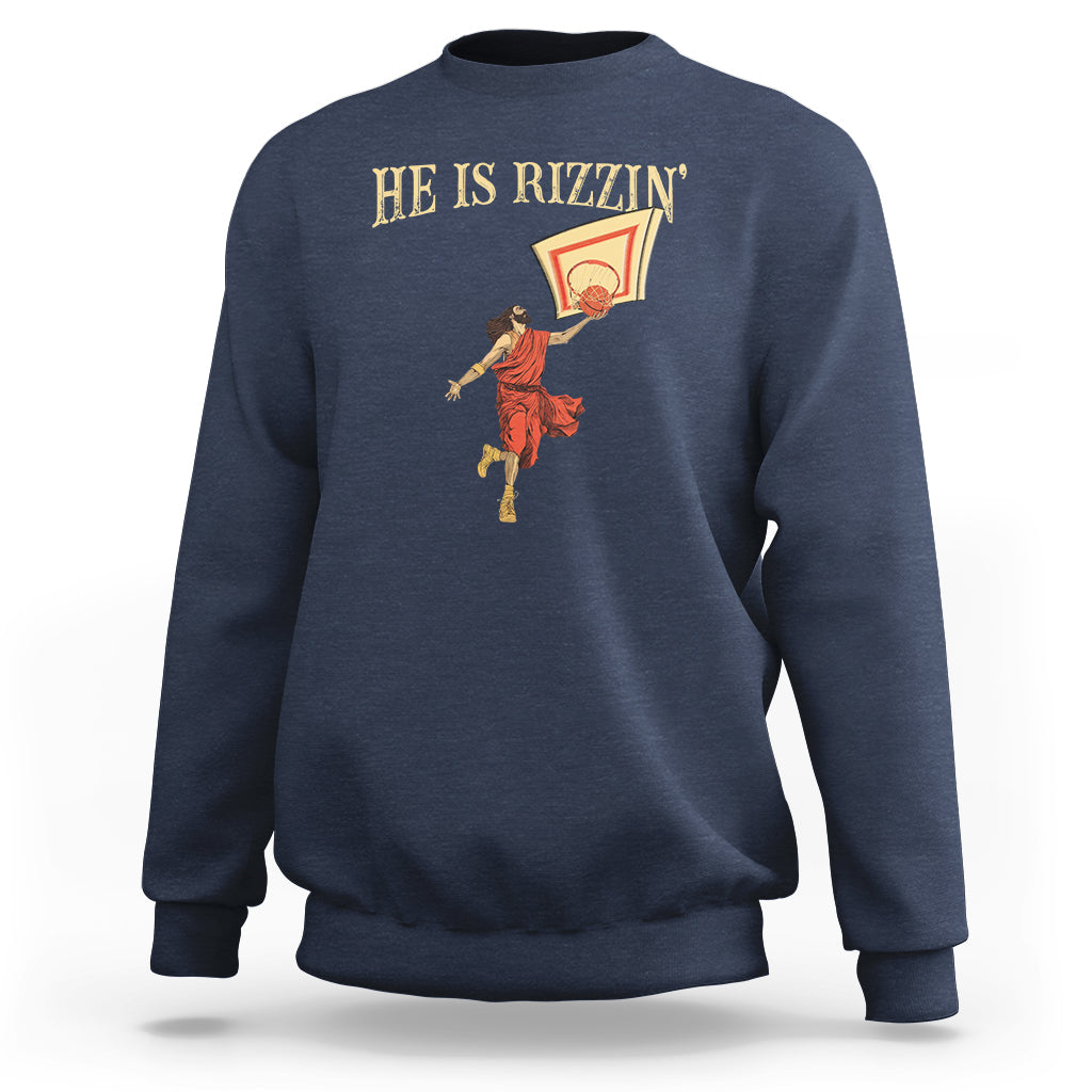 Navy crewneck sweatshirt with HE IS RIZMIN' text and basketball player graphic