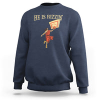 Navy crewneck sweatshirt with HE IS RIZMIN' text and basketball player graphic
