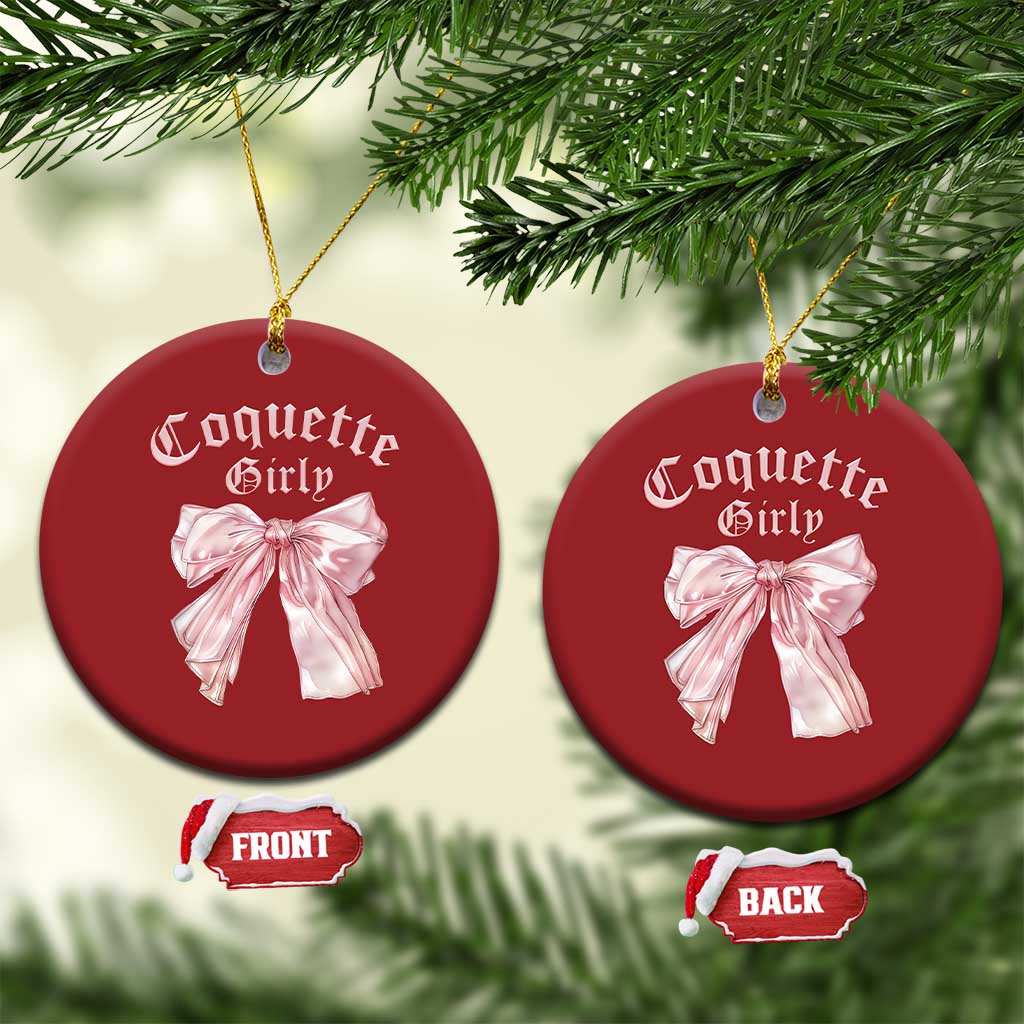 Set of red round ornaments with pink bows and gold hanging strings, front and back