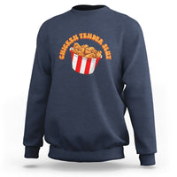 Navy sweatshirt with chicken tenders graphic in striped bucket