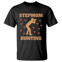 Black crew-neck T-shirt with “STEPMOM HUNTING” graphic and heart pattern