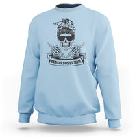 Bonus mom sweatshirt, light blue crewneck with skull graphic and “Badass Bonus Mom” print