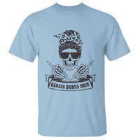 Light blue crewneck T-shirt with skull graphic wearing leopard bandana and 'Badass Bonus Mom' banner