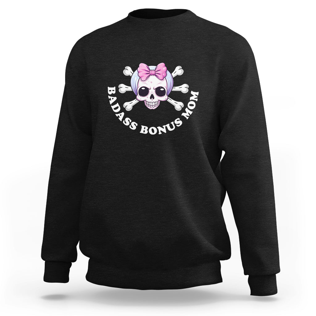 Black crewneck stepmom sweatshirt with pink bow skull and crossed-bone text graphic