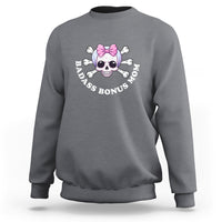 Dark heather crewneck stepmom sweatshirt with pink bow skull and bone text graphic
