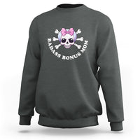 Charcoal crewneck stepmom sweatshirt with pink bow skull and bone text graphic