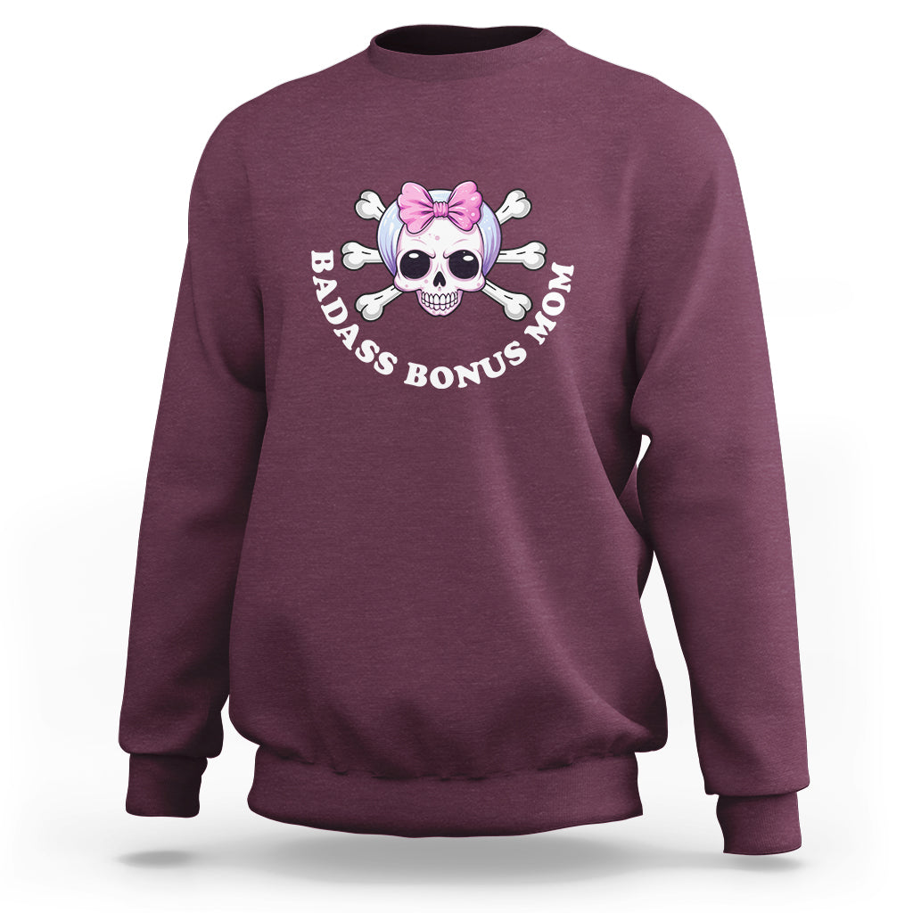 Maroon crewneck stepmom sweatshirt with pink bow skull and bone text graphic