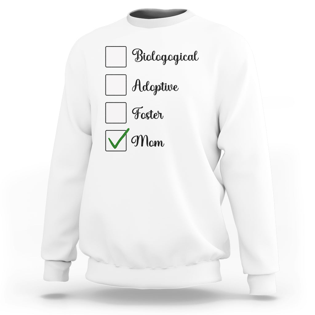 White crewneck sweatshirt with adoption-themed list graphic and check mark