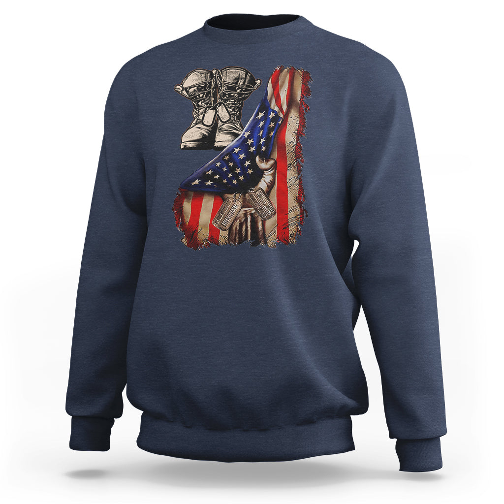 Navy sweatshirt with American flag graphic, combat boots and dog tags on the back
