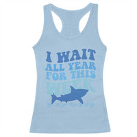 Light blue racerback tank top with blue shark graphic and “I WAIT…FOR THIS WEEK”