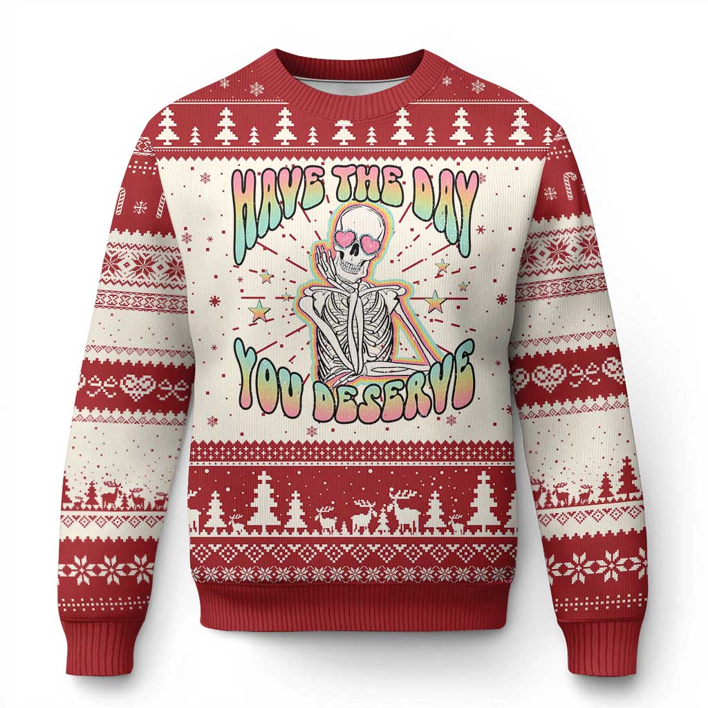 Red and cream crewneck Christmas sweater with cartoon skeleton graphic and festive knit bands