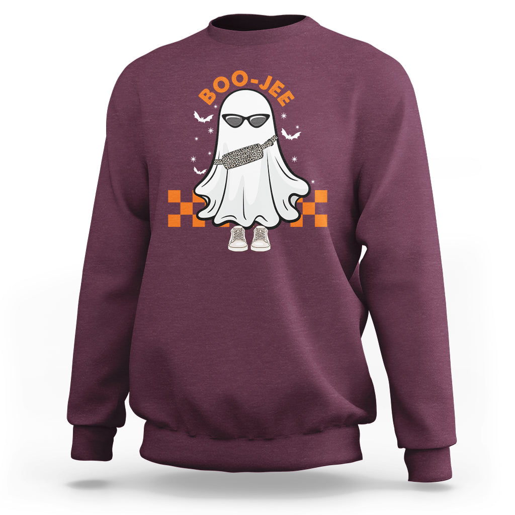 Maroon crewneck sweatshirt with Boo-Jee ghost graphic on the front