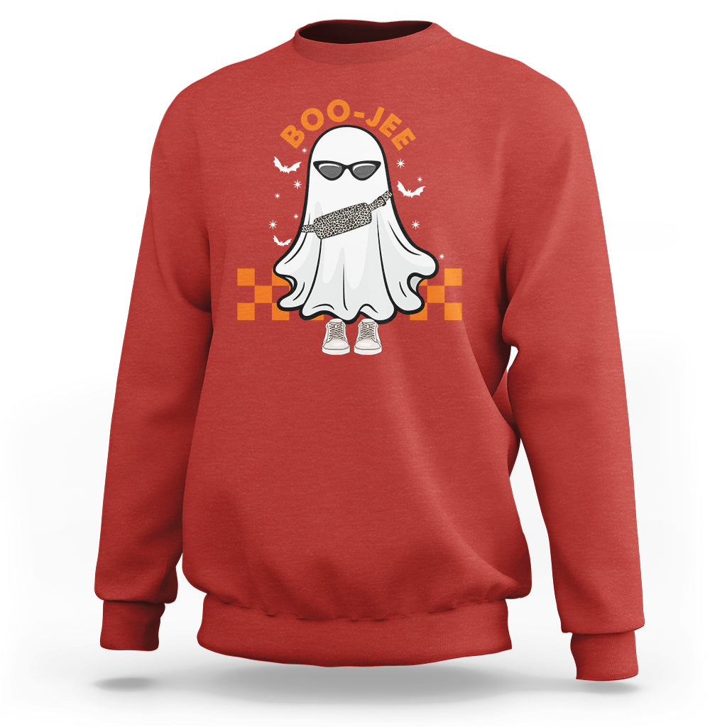 Red crewneck sweatshirt with Boo-Jee ghost graphic on the front