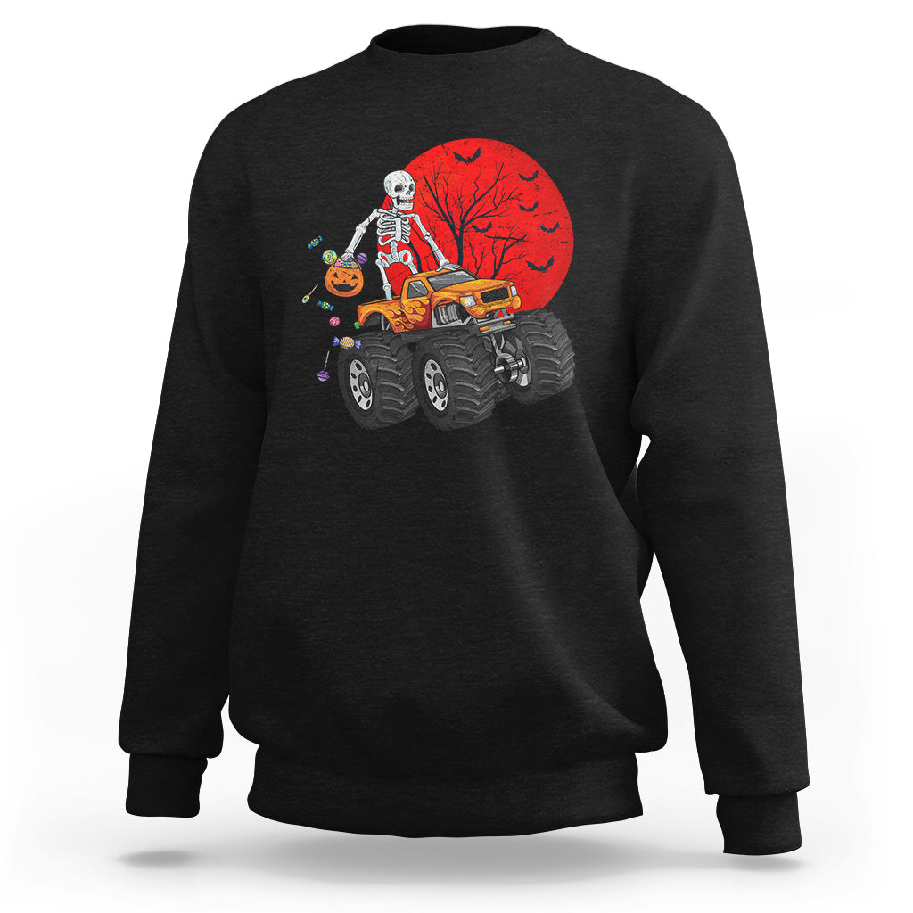 Skeleton graphic monster truck sweatshirt, black with red moon and candy