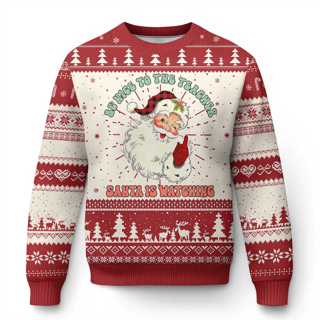 Red and white Christmas sweater with Santa graphic, trees, and fair isle band