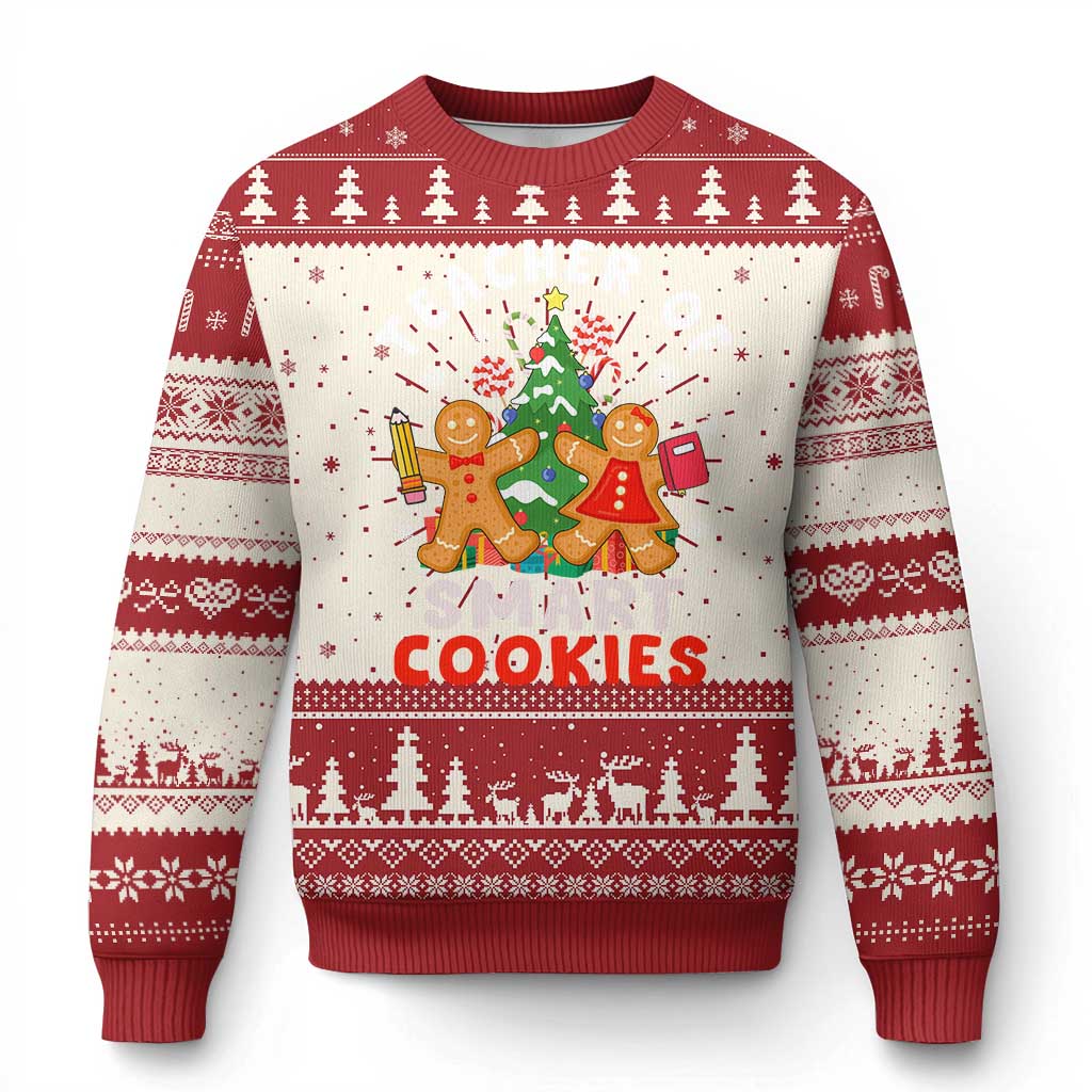 Red Christmas sweater with gingerbread cookie graphic, trees, and snowflake knit trim