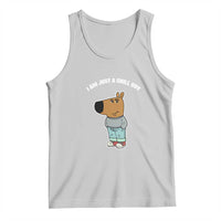 Light gray sleeveless tank top with scoop neck and cartoon dog graphic 'Chill Guy'