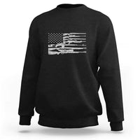 Black crewneck sweatshirt with white distressed American flag rifle graphic on back