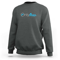 Dark heather crewneck sweatshirt with blue “OnlyGuns” logo graphic on chest.