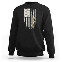 Black crewneck sweatshirt with American flag graphic and rifle-themed print on chest