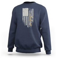 Navy crewneck sweatshirt with American flag graphic and rifle-themed print on chest