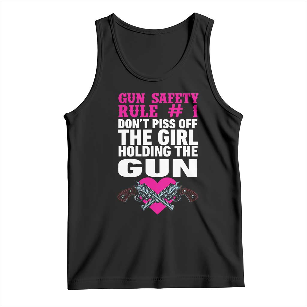 Black gun safety tank top with Gun Safety Rule slogan and gun graphic