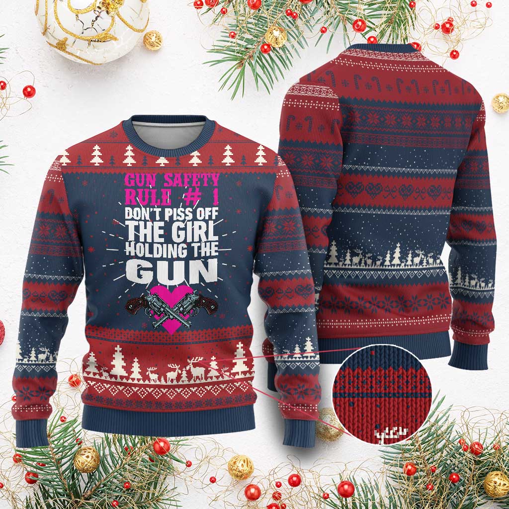 Funny Gun Girls Ugly Christmas Sweater Gun Safety Rule Don't Piss Of The Girl Holding The Gun Owner
