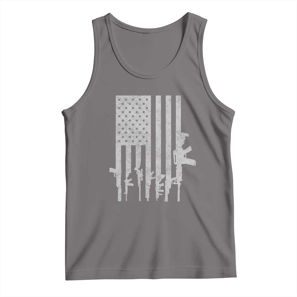 Distressed American flag rifle graphic tank top, dark gray sleeveless crew neck