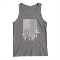 Distressed American flag rifle graphic tank top, dark gray sleeveless crew neck