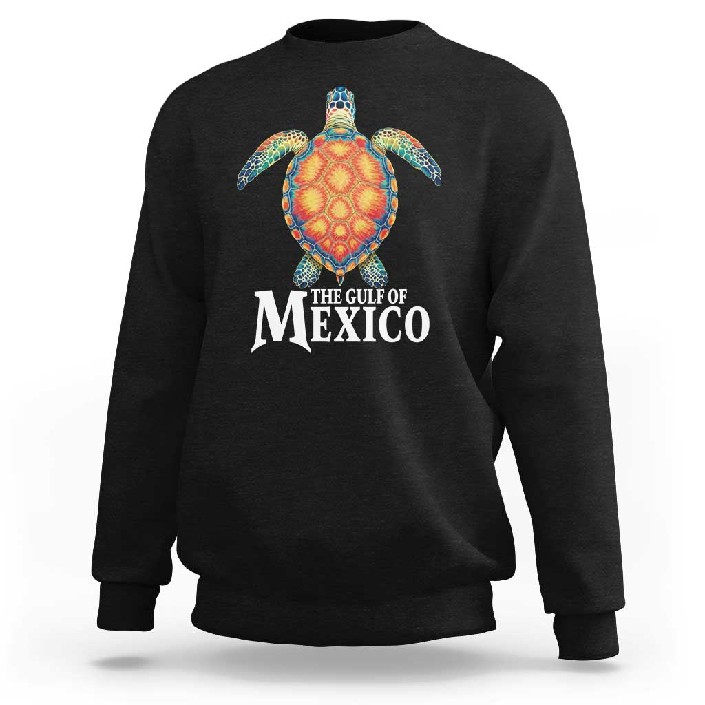 Black crewneck sweatshirt with colorful sea turtle graphic and “The Gulf of Mexico” text.