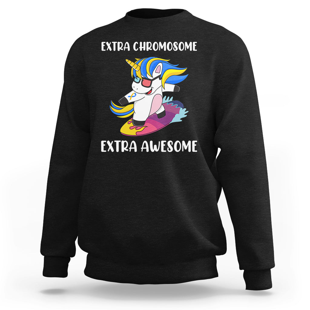 Black unisex sweatshirt with unicorn graphic and “EXTRA CHROMOSOME / EXTRA AWESOME” text