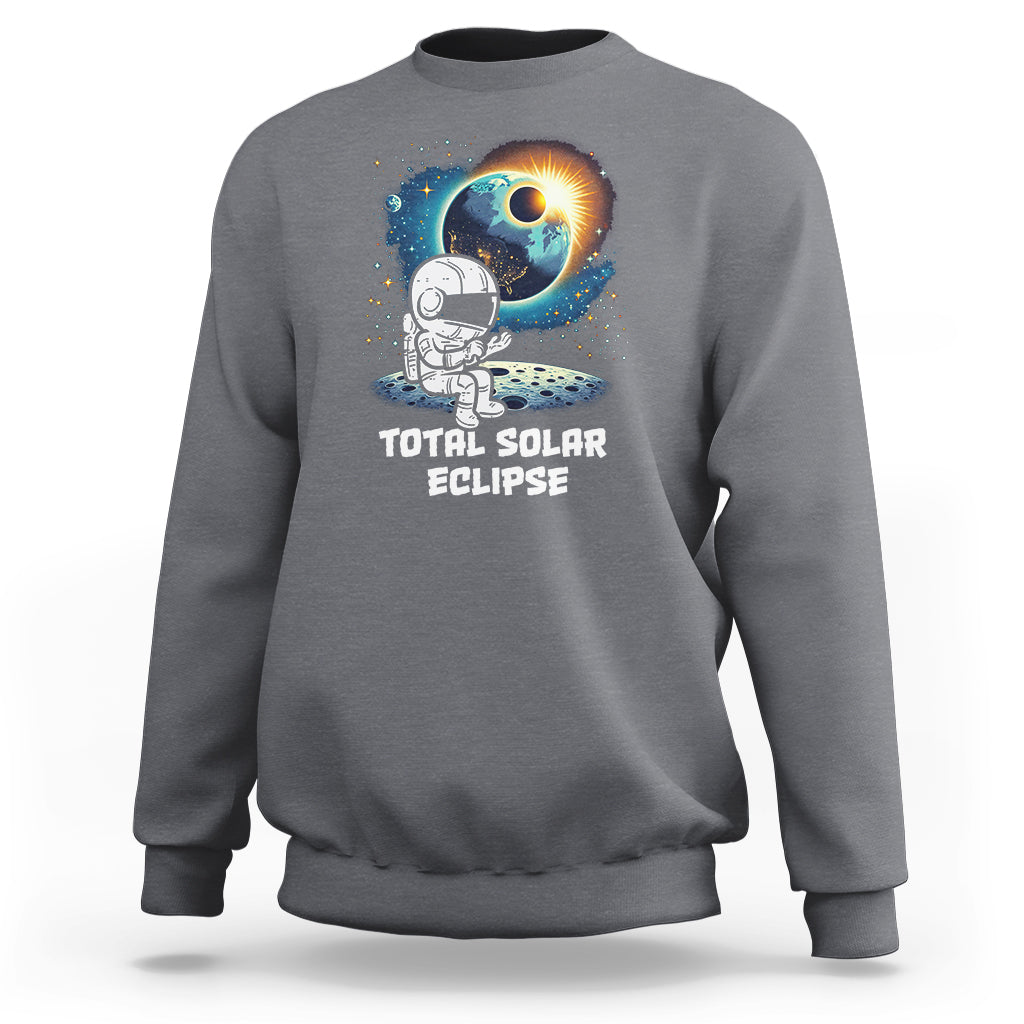 Charcoal gray crewneck sweatshirt with astronaut eclipse front graphic