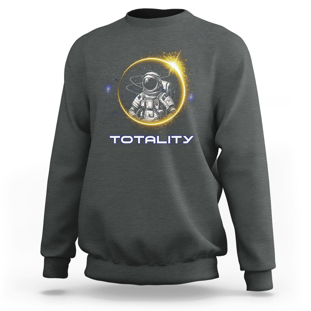 Dark heather gray sweatshirt with astronaut graphic and “TOTALITY” text on the front