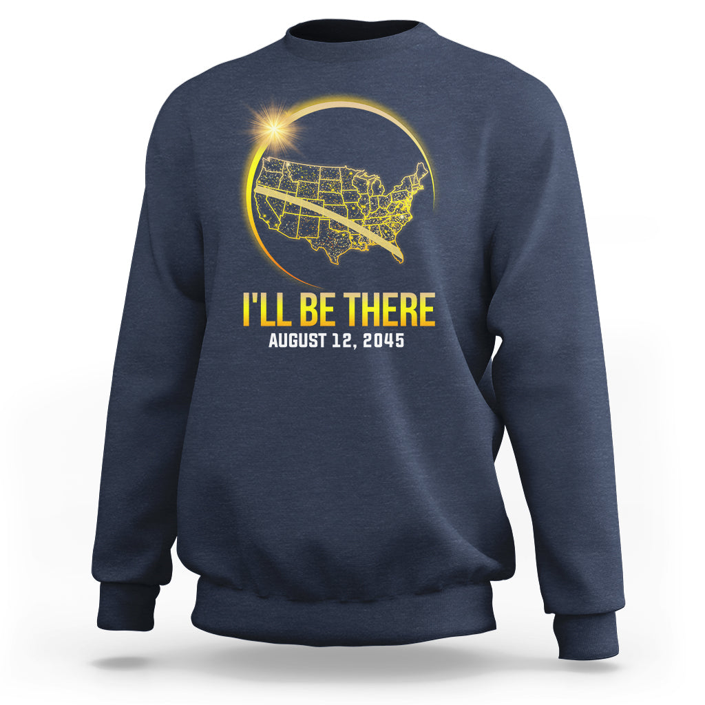 Blue sweatshirt with 'I'll Be There' eclipse map graphic, Aug 12, 2045