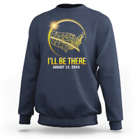 Blue sweatshirt with 'I'll Be There' eclipse map graphic, Aug 12, 2045