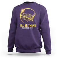 Purple sweatshirt with 'I'll Be There' eclipse map graphic, Aug 12, 2045