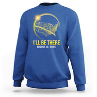 Royal blue sweatshirt with 'I'll Be There' eclipse map graphic, Aug 12, 2045