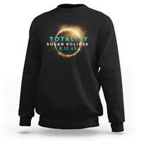 Black sweatshirt with "TOTALITY SOLAR ECLIPSE 8.12.45" glowing eclipse emblem